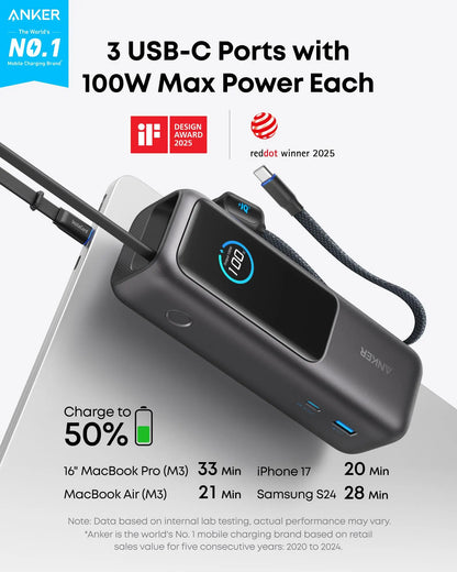Anker Smart Display Charger, USBC Charger with Smart Recognition, Built-In Care Mode, Compact with 180° Foldable Plug + Anker Portable Laptop Power Bank with Built-In Cables, 25,000Mah High-Capacity Battery, Fast Charging for 4 Devices Summervibes