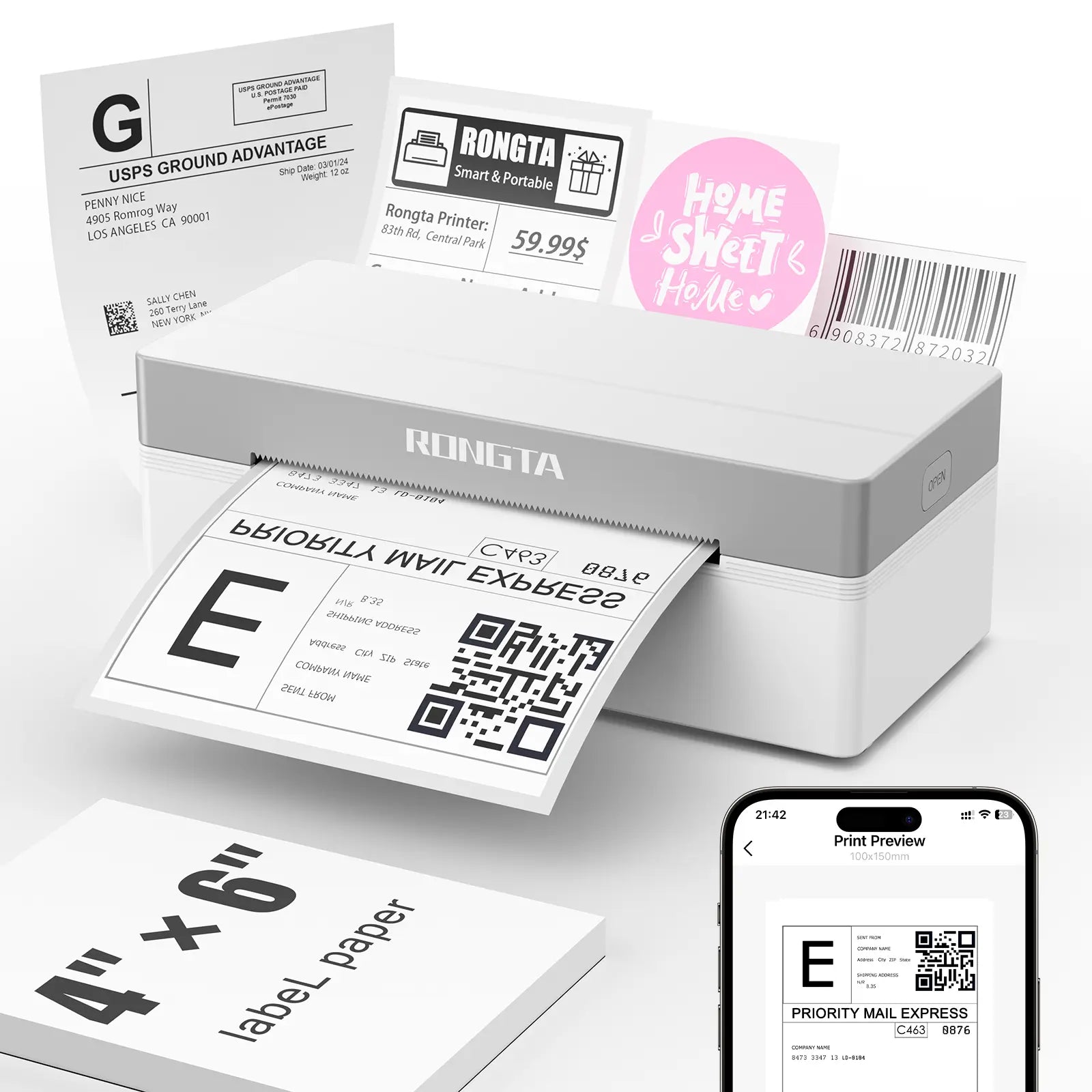 RT Shipping Label Printer, Bluetooth Wireless Thermal Label Printer, Compatible with Ios, Android, Windows, Mac, Chromebook, Widely Used for Etsy, Ebay, Shopify, USPS Printing Machine Outdoorfun