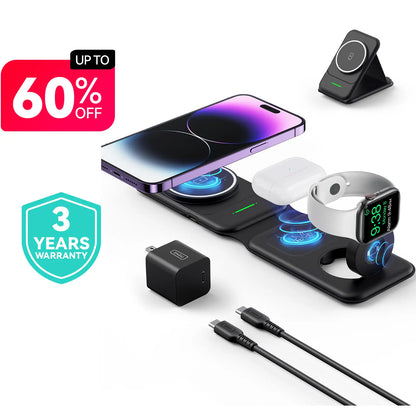 INIU 3 in 1 Magnetic Foldable Wireless Charger Stand for Apple Series, Travel Wireless Charging Station Compatible with Multple Devices for Apple Watch, Airpods, Iphone 17 16 15 14 13 12 Series Pro Max Mini (With Adapter) Mobile Portable Folding