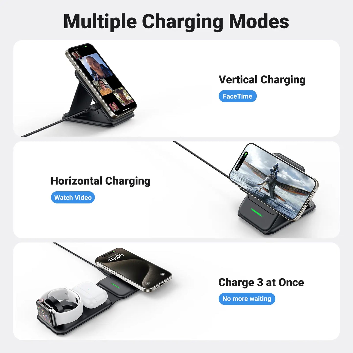 INIU 3 in 1 Magnetic Foldable Wireless Charger Stand for Apple Series, Travel Wireless Charging Station Compatible with Multple Devices for Apple Watch, Airpods, Iphone 17 16 15 14 13 12 Series Pro Max Mini (With Adapter) Mobile Portable Folding