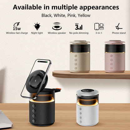 BLKE 5-In-1 Wireless Charging Station with Bluetooth Speaker Night Light 360° Stereo Sound Magsafe Fast Charger & Phone Stand 33W Adapter Included Compatible with Iphone 17/16/15/14/13 Series & Earbuds & Apple Watch Gift Mothersdaygift