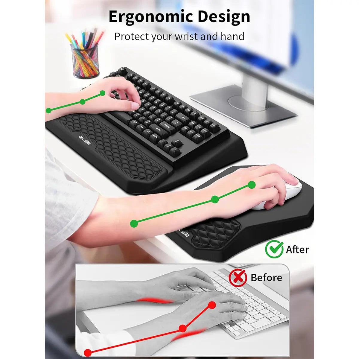 3-In-1 Ergonomic Keyboard Stand with Wrist Rest & Mouse Pad Set, Comfy Keyboard Riser Holder Soft Mousepad with Massage Design, Memory Foam and Non-Slip PU Base for Pain Relief