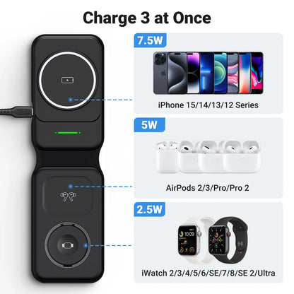 INIU 3 in 1 Magnetic Foldable Wireless Charger Stand for Apple Series, Travel Wireless Charging Station Compatible with Multple Devices for Apple Watch, Airpods, Iphone 17 16 15 14 13 12 Series Pro Max Mini (With Adapter) Mobile Portable Folding