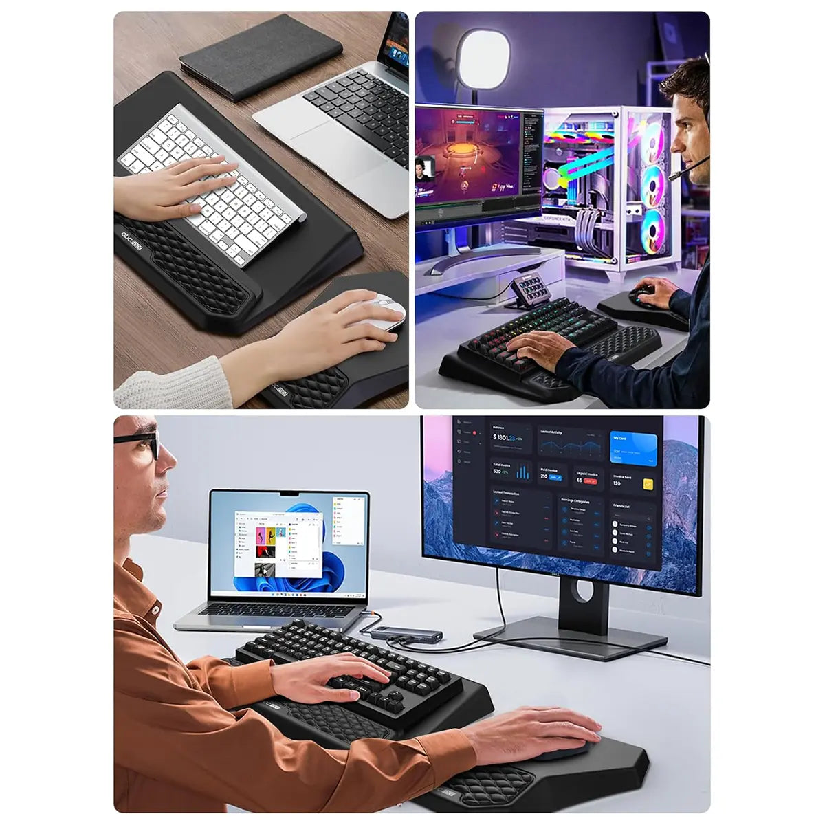 3-In-1 Ergonomic Keyboard Stand with Wrist Rest & Mouse Pad Set, Comfy Keyboard Riser Holder Soft Mousepad with Massage Design, Memory Foam and Non-Slip PU Base for Pain Relief