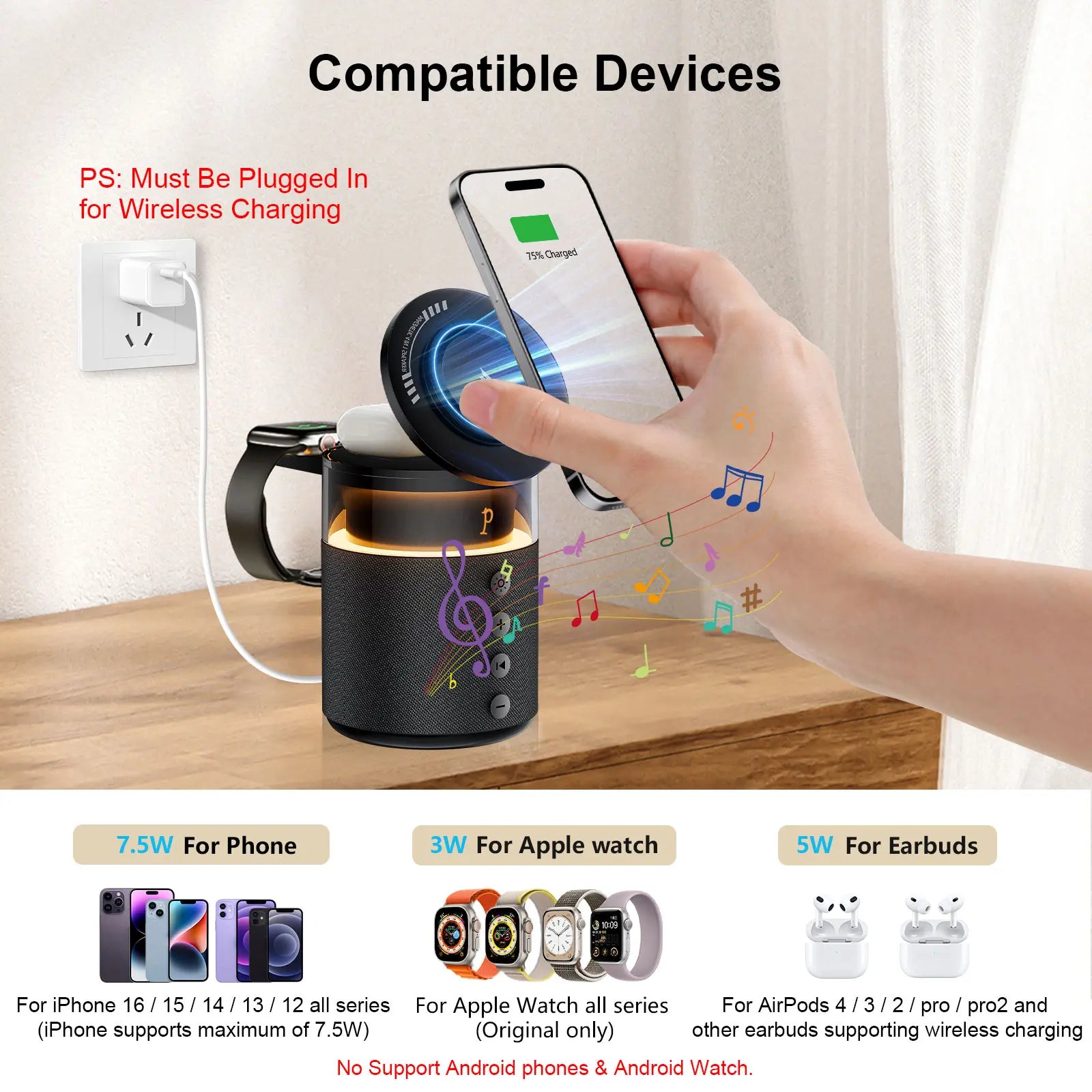 BLKE 5-In-1 Wireless Charging Station with Bluetooth Speaker Night Light 360° Stereo Sound Magsafe Fast Charger & Phone Stand 33W Adapter Included Compatible with Iphone 17/16/15/14/13 Series & Earbuds & Apple Watch Gift Mothersdaygift