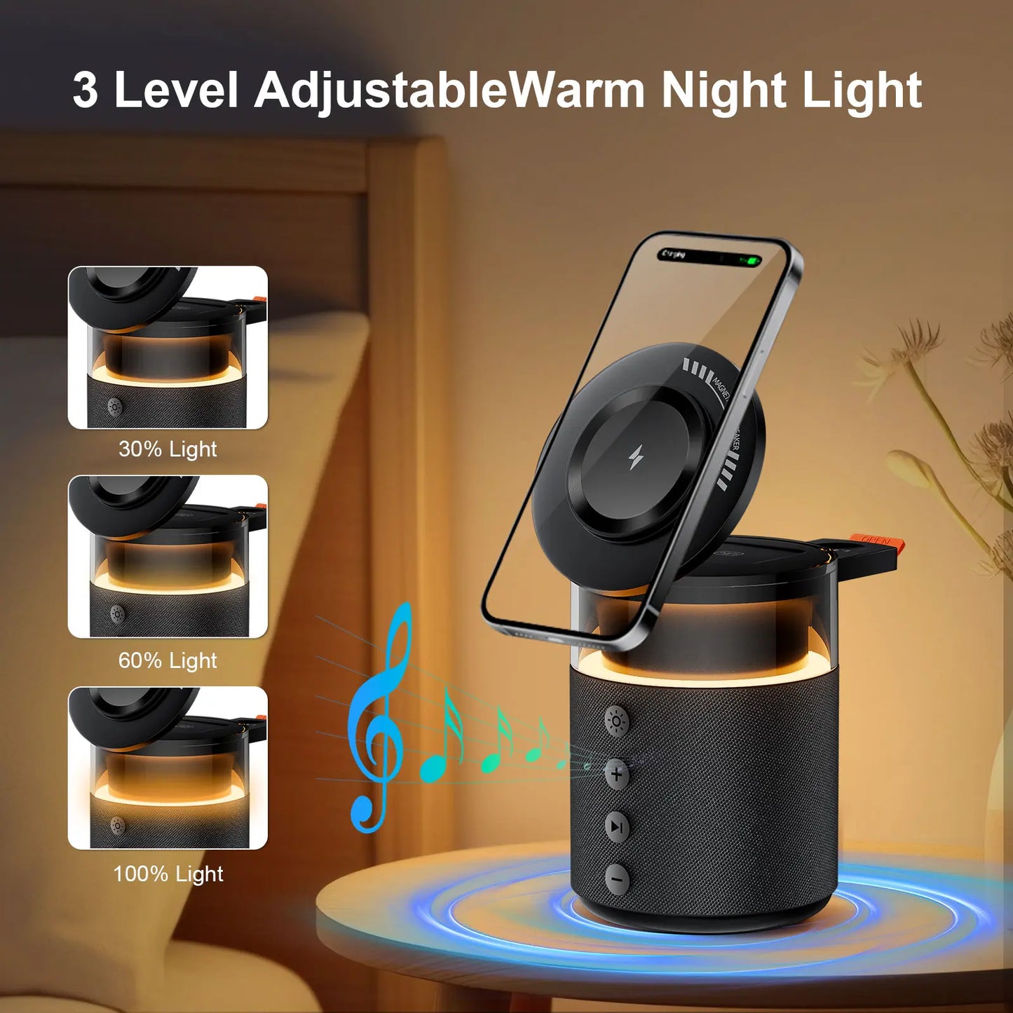 BLKE 5-In-1 Wireless Charging Station with Bluetooth Speaker Night Light 360° Stereo Sound Magsafe Fast Charger & Phone Stand 33W Adapter Included Compatible with Iphone 17/16/15/14/13 Series & Earbuds & Apple Watch Gift Mothersdaygift