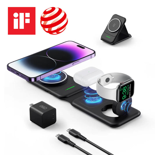 INIU 3 in 1 Magnetic Foldable Wireless Charger Stand for Apple Series, Travel Wireless Charging Station Compatible with Multple Devices for Apple Watch, Airpods, Iphone 17 16 15 14 13 12 Series Pro Max Mini (With Adapter) Mobile Portable Folding