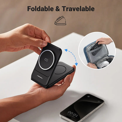 INIU 3 in 1 Magnetic Foldable Wireless Charger Stand for Apple Series, Travel Wireless Charging Station Compatible with Multple Devices for Apple Watch, Airpods, Iphone 17 16 15 14 13 12 Series Pro Max Mini (With Adapter) Mobile Portable Folding