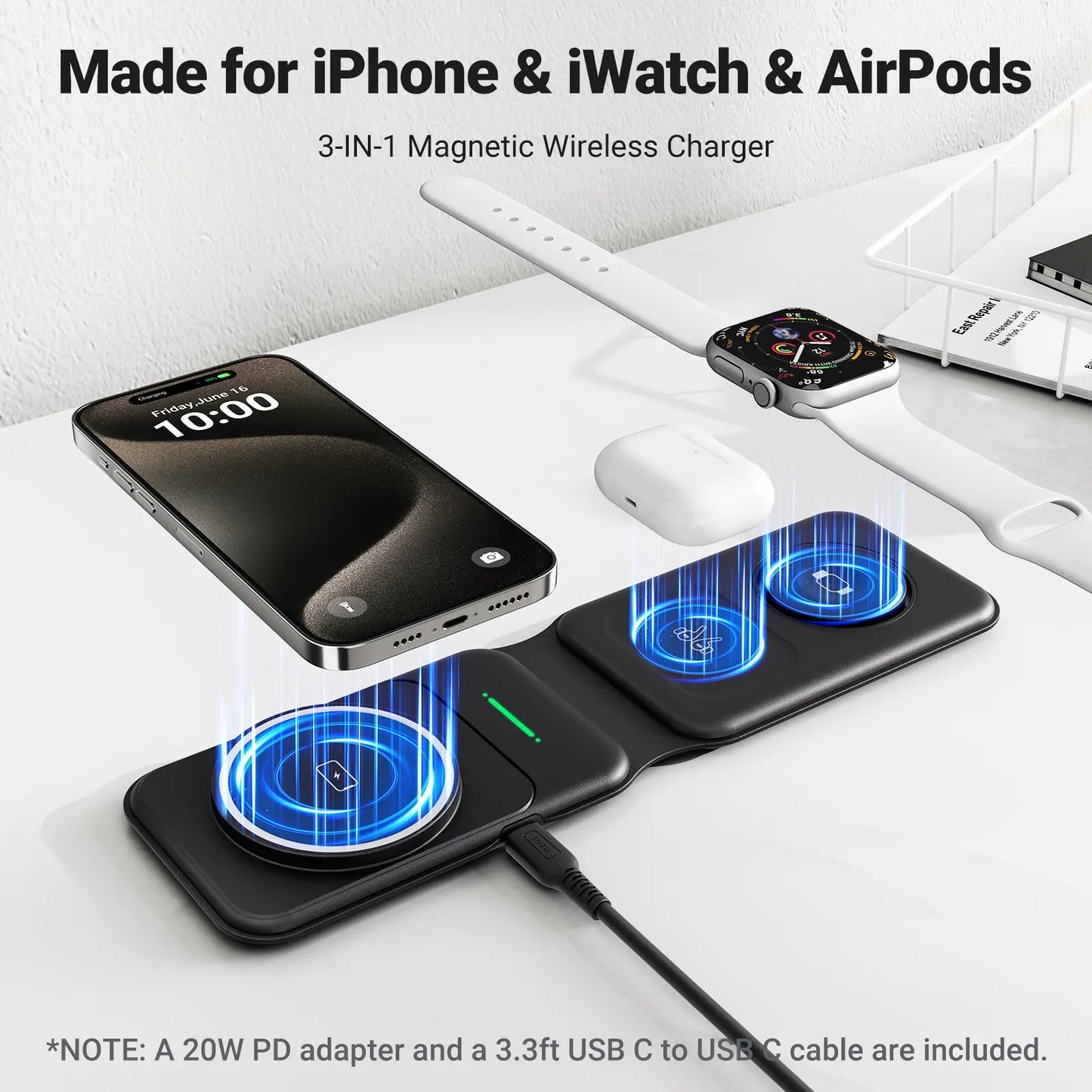 INIU 3 in 1 Magnetic Foldable Wireless Charger Stand for Apple Series, Travel Wireless Charging Station Compatible with Multple Devices for Apple Watch, Airpods, Iphone 17 16 15 14 13 12 Series Pro Max Mini (With Adapter) Mobile Portable Folding