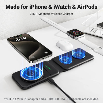 INIU 3 in 1 Magnetic Foldable Wireless Charger Stand for Apple Series, Travel Wireless Charging Station Compatible with Multple Devices for Apple Watch, Airpods, Iphone 17 16 15 14 13 12 Series Pro Max Mini (With Adapter) Mobile Portable Folding