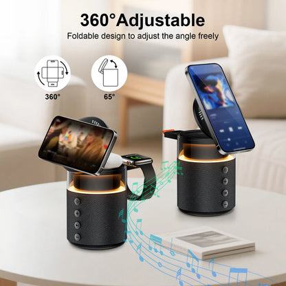 BLKE 5-In-1 Wireless Charging Station with Bluetooth Speaker Night Light 360° Stereo Sound Magsafe Fast Charger & Phone Stand 33W Adapter Included Compatible with Iphone 17/16/15/14/13 Series & Earbuds & Apple Watch Gift Mothersdaygift