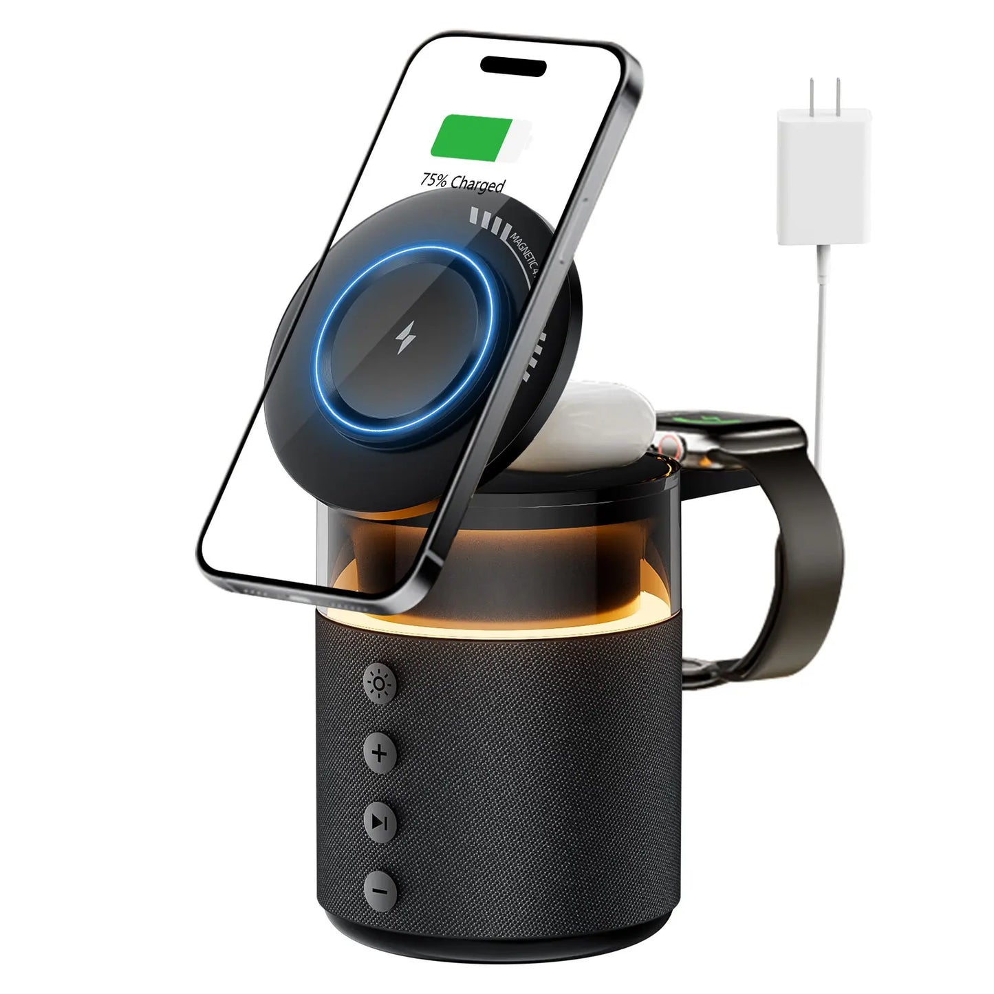 BLKE 5-In-1 Wireless Charging Station with Bluetooth Speaker Night Light 360° Stereo Sound Magsafe Fast Charger & Phone Stand 33W Adapter Included Compatible with Iphone 17/16/15/14/13 Series & Earbuds & Apple Watch Gift Mothersdaygift