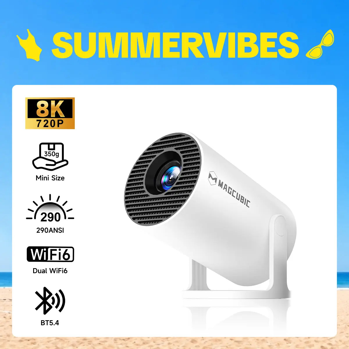 [US Warehouse] Magcubic Hy300Pro Projector 290ANSI Android 14.0 Dual Wifi6 8K 4K Decode Auto Keystone Correction Wireless BT5.4 130"Screen 1280*720P Built-In Speaker Allwinner H726 180° Rotatable Mini Portable Home Cinema Outdoor Audio Summervibes Gift