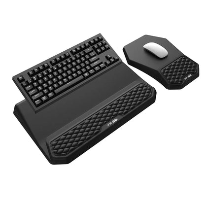 3-In-1 Ergonomic Keyboard Stand with Wrist Rest & Mouse Pad Set, Comfy Keyboard Riser Holder Soft Mousepad with Massage Design, Memory Foam and Non-Slip PU Base for Pain Relief