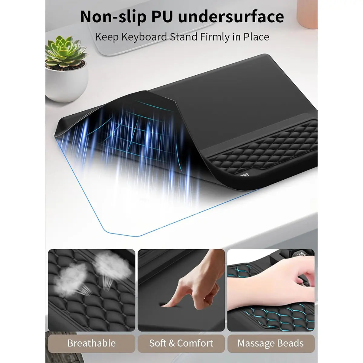 3-In-1 Ergonomic Keyboard Stand with Wrist Rest & Mouse Pad Set, Comfy Keyboard Riser Holder Soft Mousepad with Massage Design, Memory Foam and Non-Slip PU Base for Pain Relief