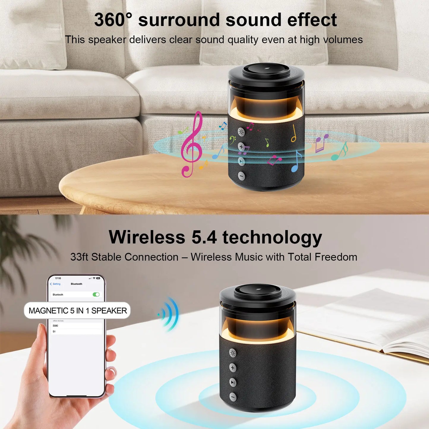 BLKE 5-In-1 Wireless Charging Station with Bluetooth Speaker Night Light 360° Stereo Sound Magsafe Fast Charger & Phone Stand 33W Adapter Included Compatible with Iphone 17/16/15/14/13 Series & Earbuds & Apple Watch Gift Mothersdaygift