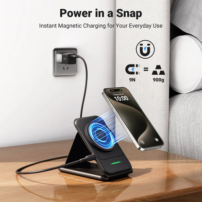 INIU 3 in 1 Magnetic Foldable Wireless Charger Stand for Apple Series, Travel Wireless Charging Station Compatible with Multple Devices for Apple Watch, Airpods, Iphone 17 16 15 14 13 12 Series Pro Max Mini (With Adapter) Mobile Portable Folding