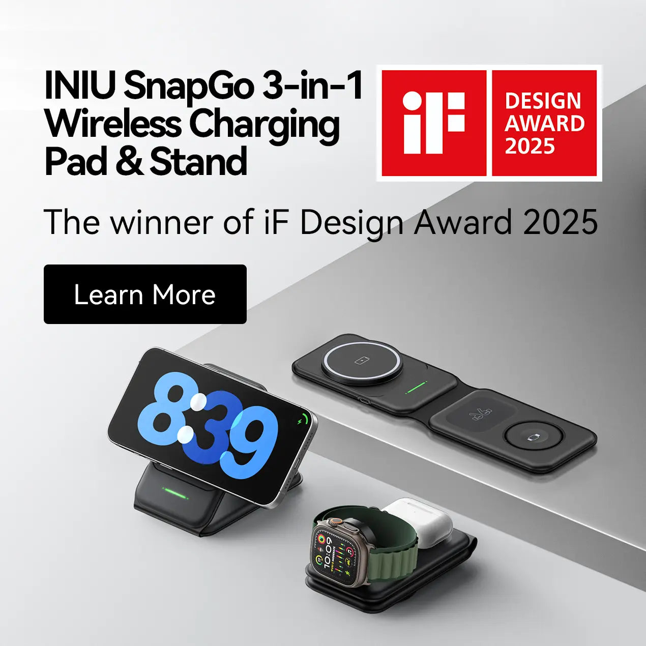 INIU 3 in 1 Magnetic Foldable Wireless Charger Stand for Apple Series, Travel Wireless Charging Station Compatible with Multple Devices for Apple Watch, Airpods, Iphone 17 16 15 14 13 12 Series Pro Max Mini (With Adapter) Mobile Portable Folding