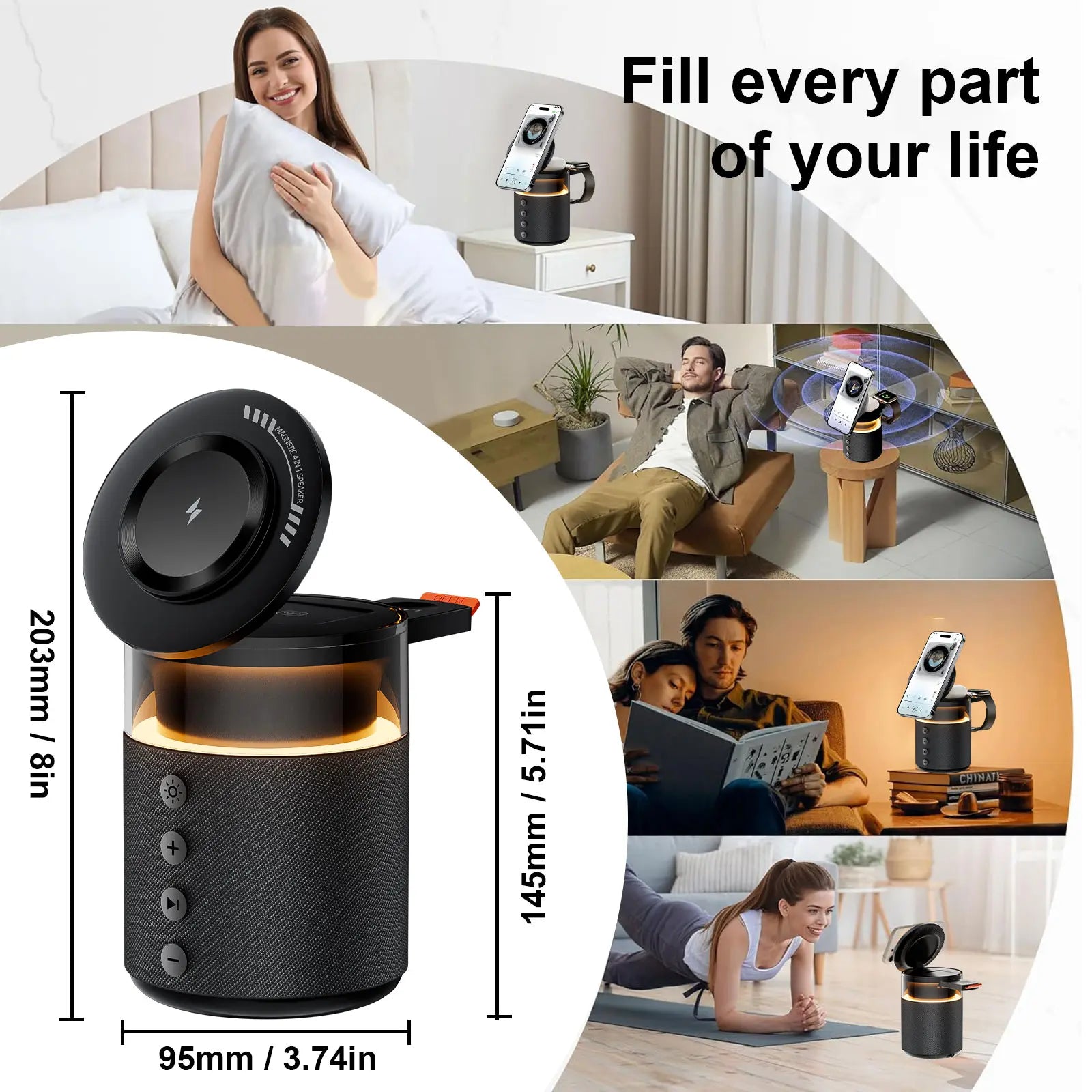 BLKE 5-In-1 Wireless Charging Station with Bluetooth Speaker Night Light 360° Stereo Sound Magsafe Fast Charger & Phone Stand 33W Adapter Included Compatible with Iphone 17/16/15/14/13 Series & Earbuds & Apple Watch Gift Mothersdaygift